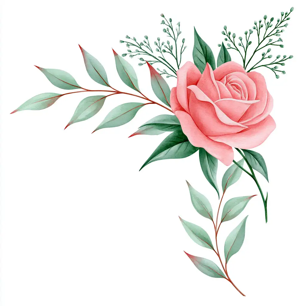 Watercolor Pink Rose Flower Arrangement with Green Leaves