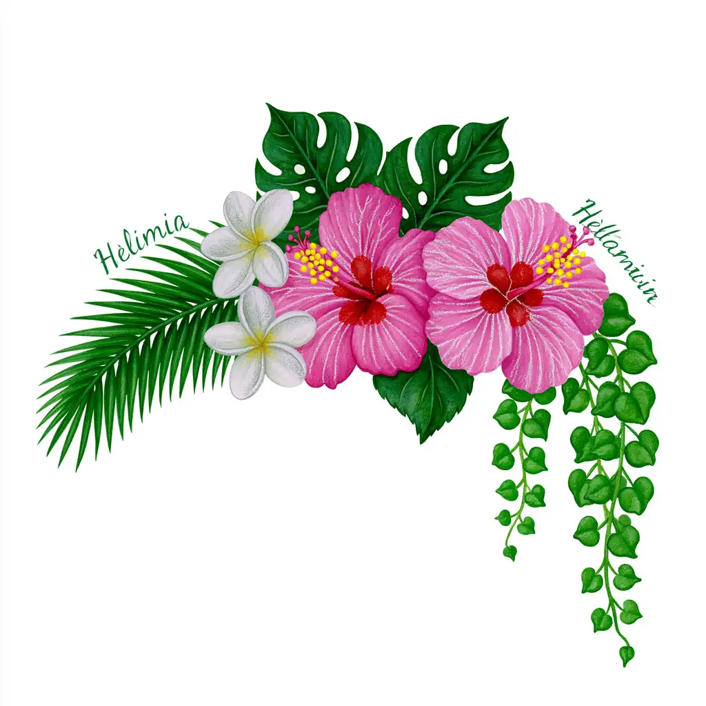 Tropical floral arrangements with pink hibiscus white plumeria and green palm leaves