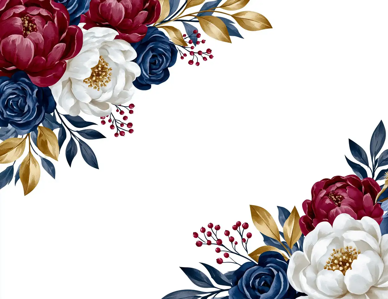 Watercolor floral arrangement with burgundy and white peonies