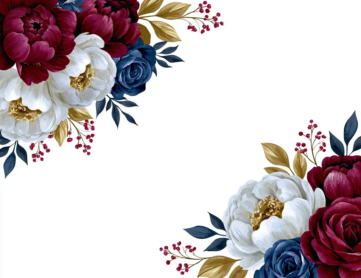 Watercolor floral arrangement with burgundy and white peonies