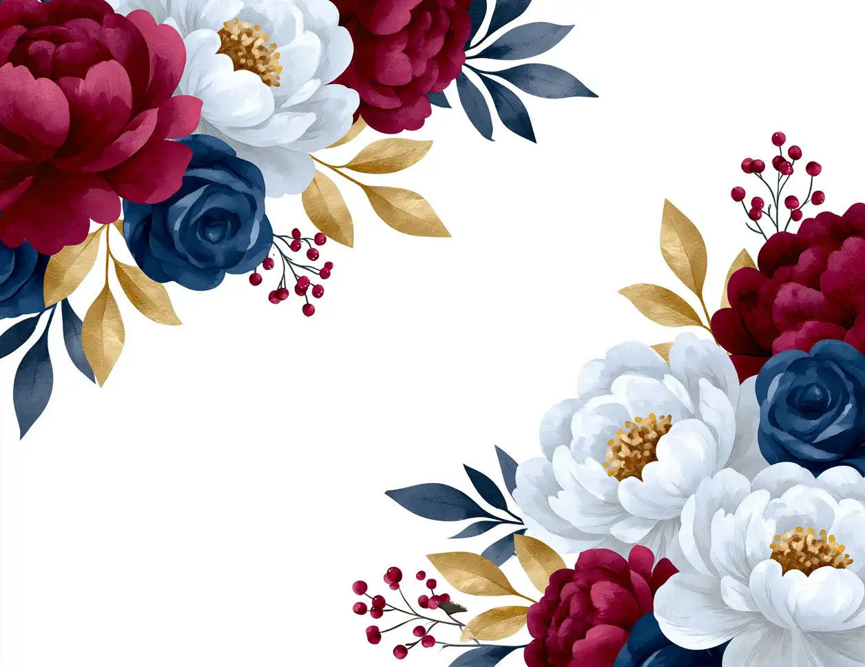 Watercolor floral arrangement with burgundy and white peonies
