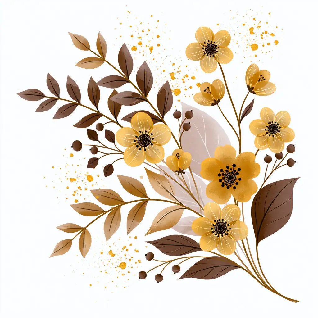 Watercolor Autumn Floral Arrangement with Yellow Flowers and Brown Leaves