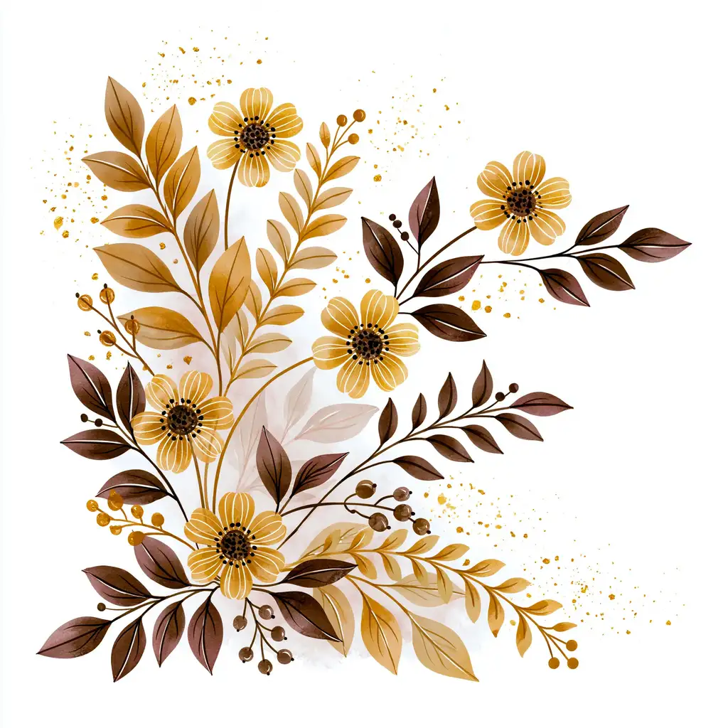 Watercolor Autumn Floral Arrangement with Yellow Flowers and Brown Leaves