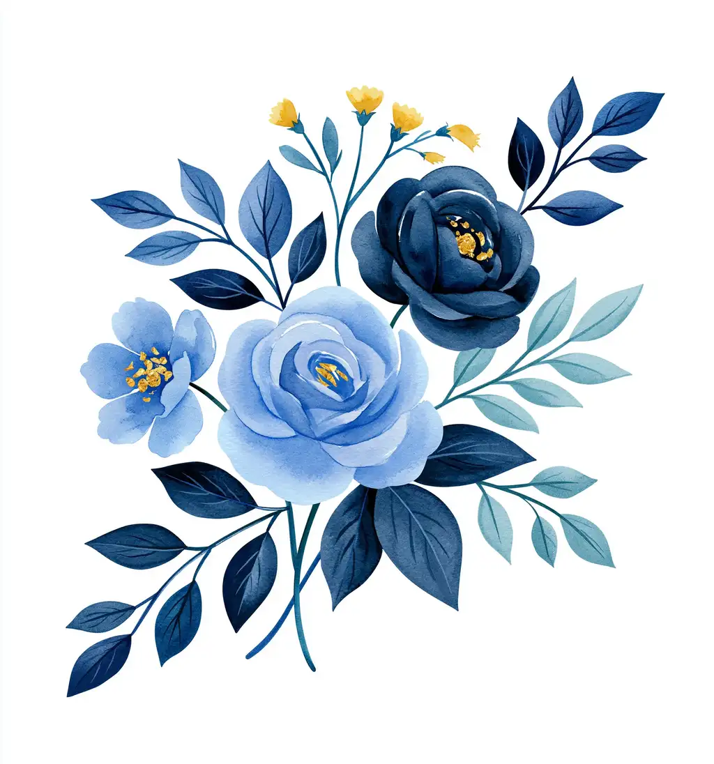 Watercolor blue floral arrangement with dark leaves