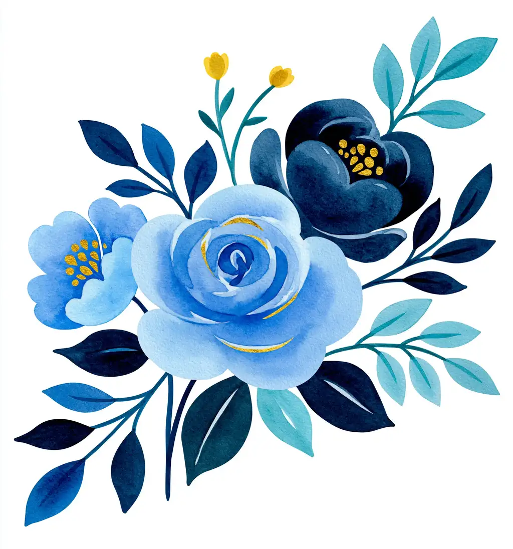Watercolor blue floral arrangement with dark leaves