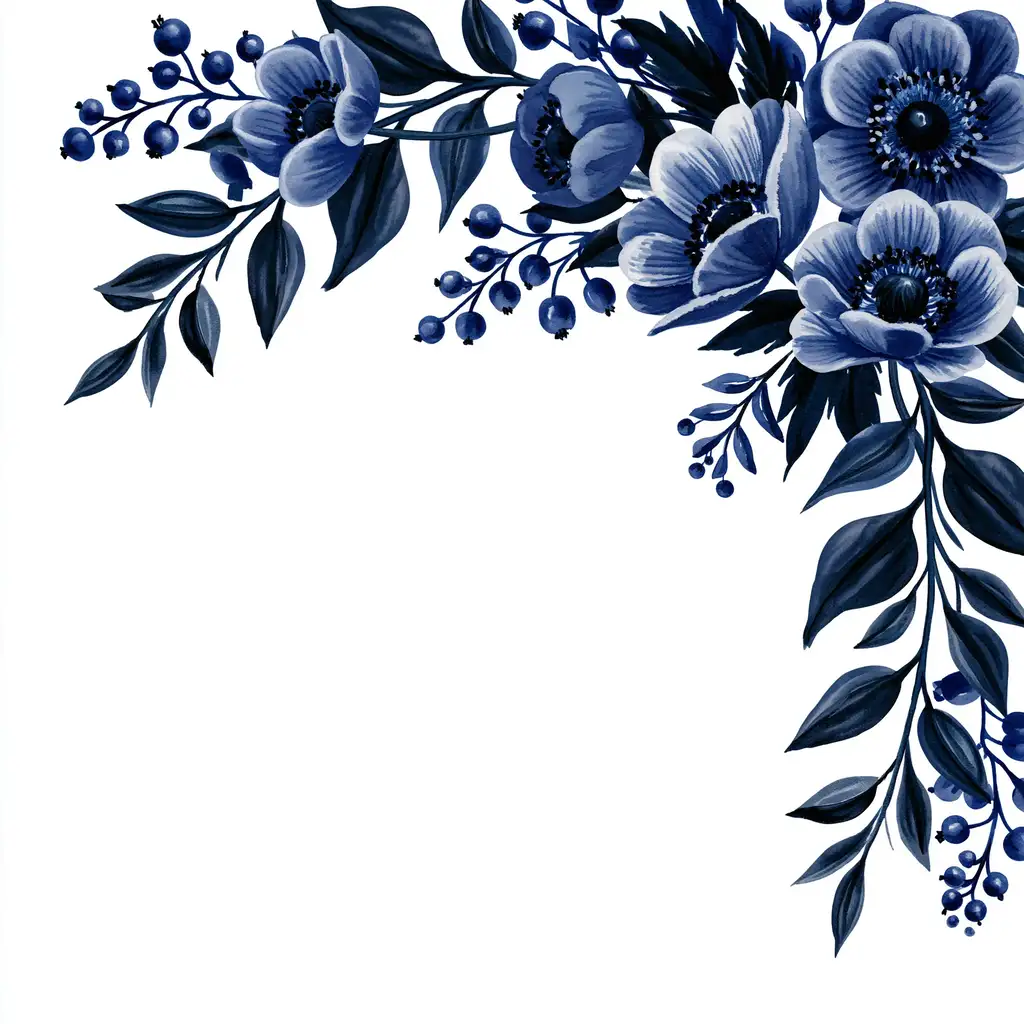 Blue watercolor floral corner arrangement with anemone flowers and leaves