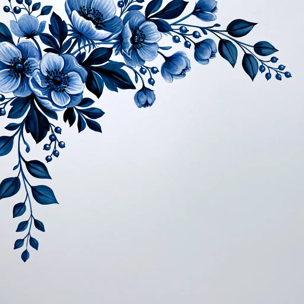 Blue watercolor floral corner arrangement with anemone flowers and leaves