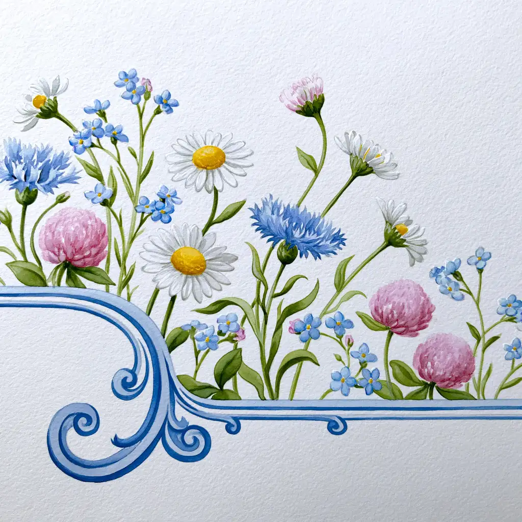 Watercolor painting of wild flowers and blue decorative frame border