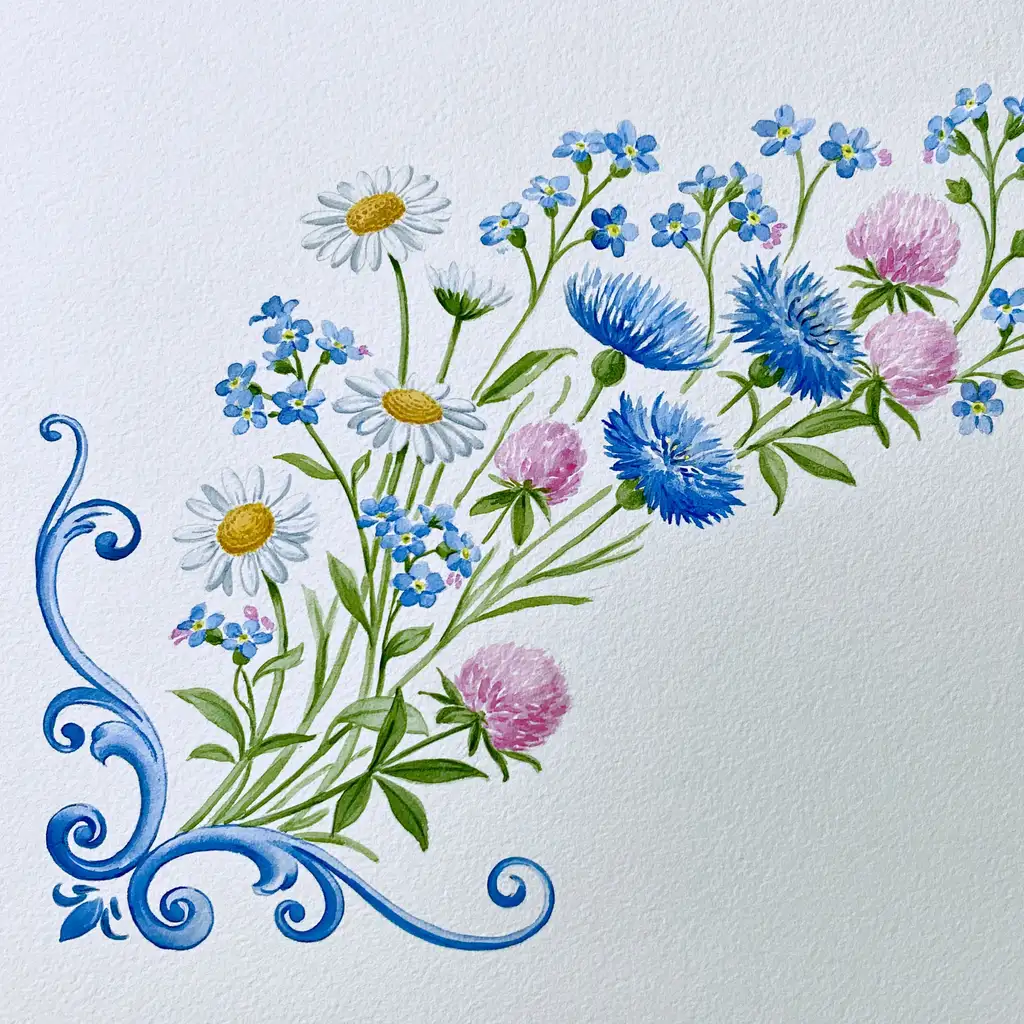 Watercolor painting of wild flowers and blue decorative frame border