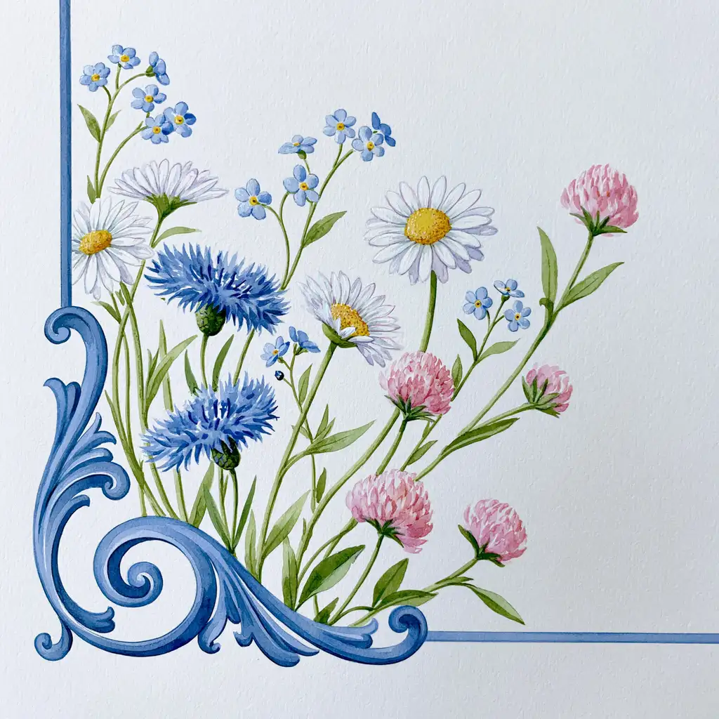 Watercolor painting of wild flowers and blue decorative frame border