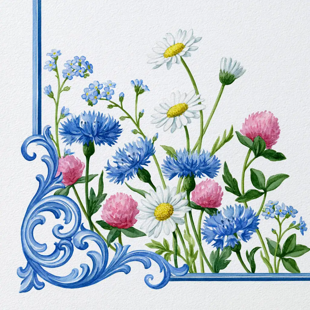 Watercolor painting of wild flowers and blue decorative frame border