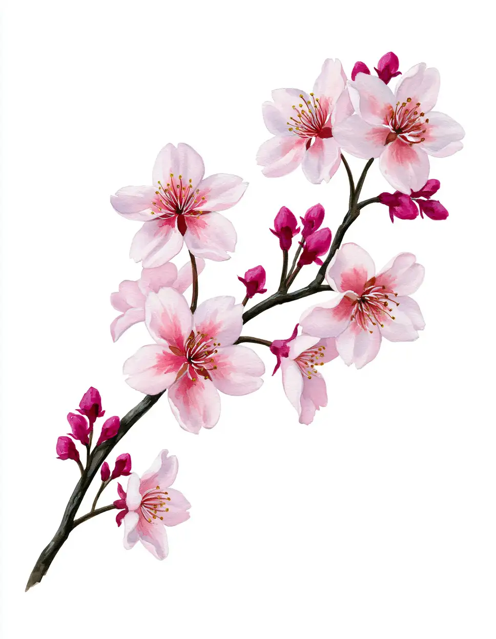 Pink cherry blossom branch with flowers and buds on white background