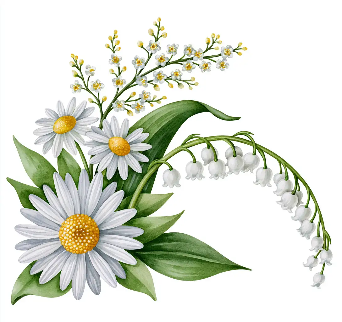 Watercolor floral arrangement with daisies and lily of the valley