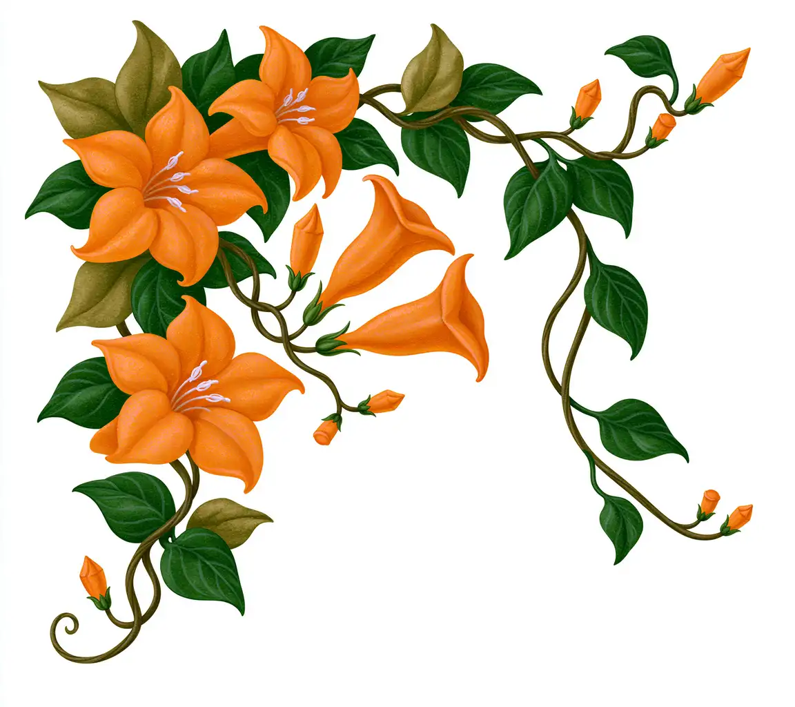 Orange flowering vine illustration with green leaves