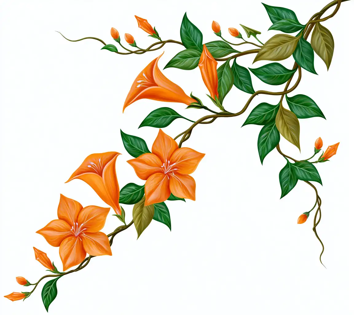 Orange flowering vine illustration with green leaves