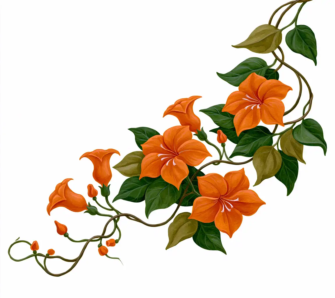 Orange flowering vine illustration with green leaves