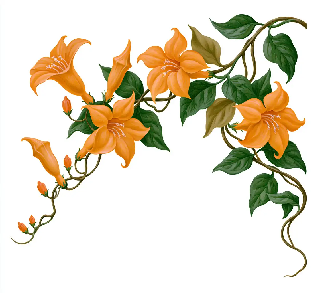 Orange flowering vine illustration with green leaves