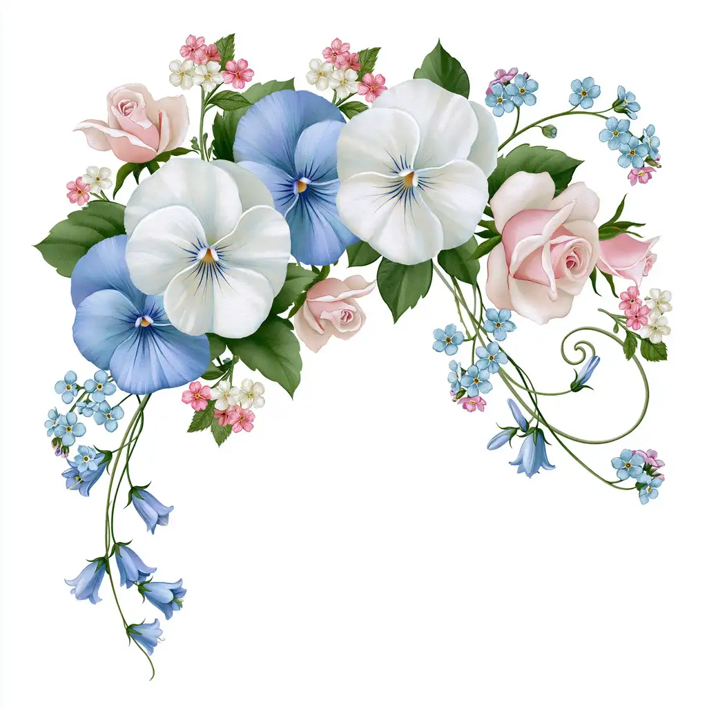Watercolor Floral Arrangement Composition with Pansies Roses and Bellflowers
