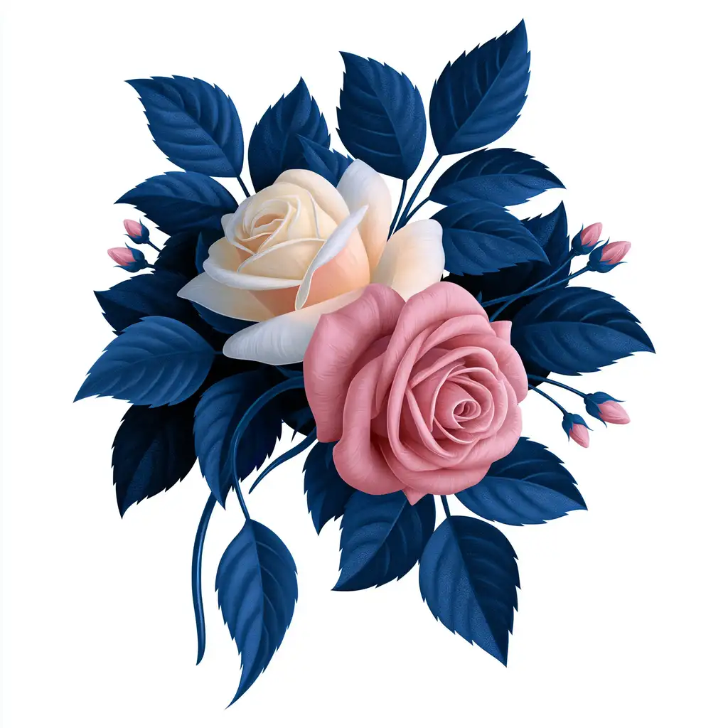 Floral composition featuring pink and cream roses with dark blue leaves on a white background