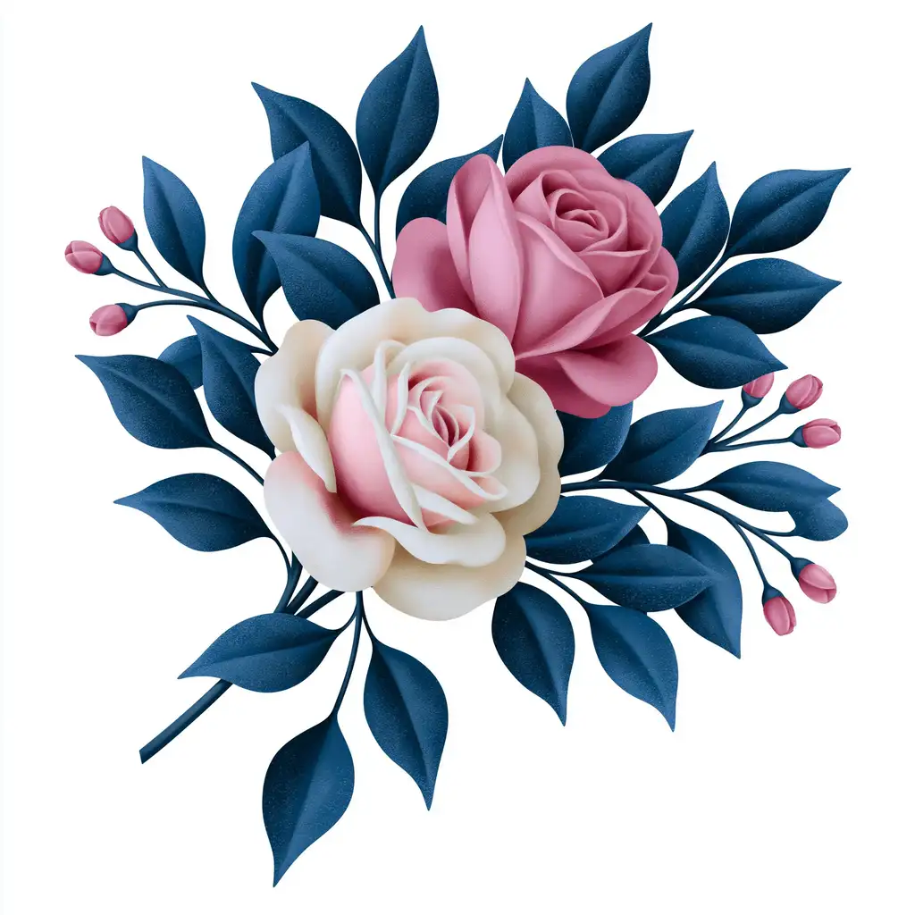 Floral composition featuring pink and cream roses with dark blue leaves on a white background