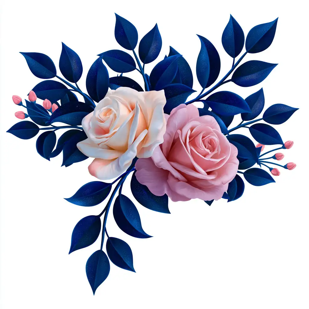Floral composition featuring pink and cream roses with dark blue leaves on a white background