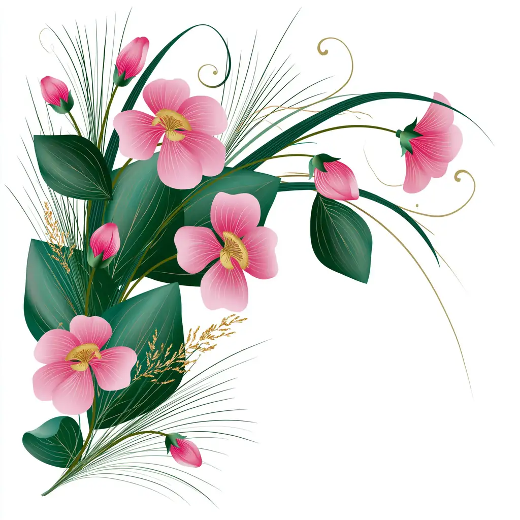 Pink Floral Arrangement with Green Leaves and Swirls Isolated on White