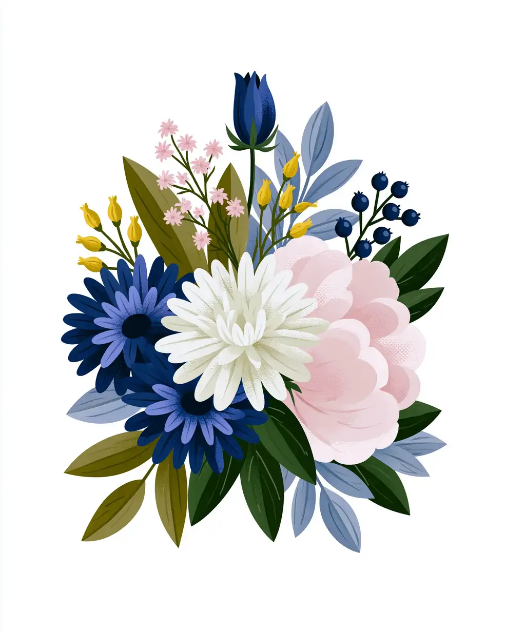 Digital illustration of floral bouquet featuring blue daisy and pink peony