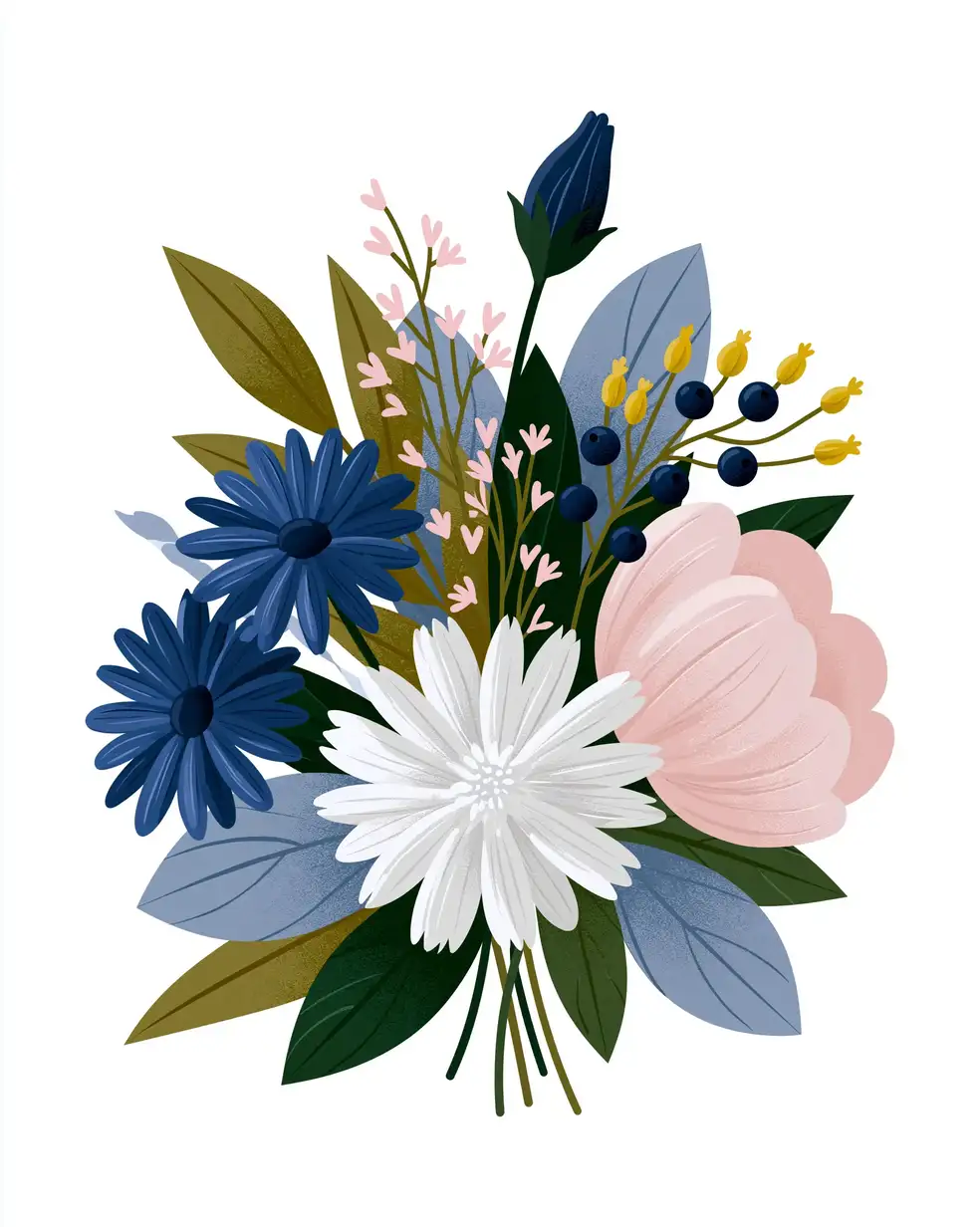 Digital illustration of floral bouquet featuring blue daisy and pink peony