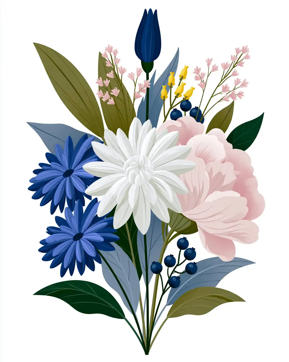 Digital illustration of floral bouquet featuring blue daisy and pink peony