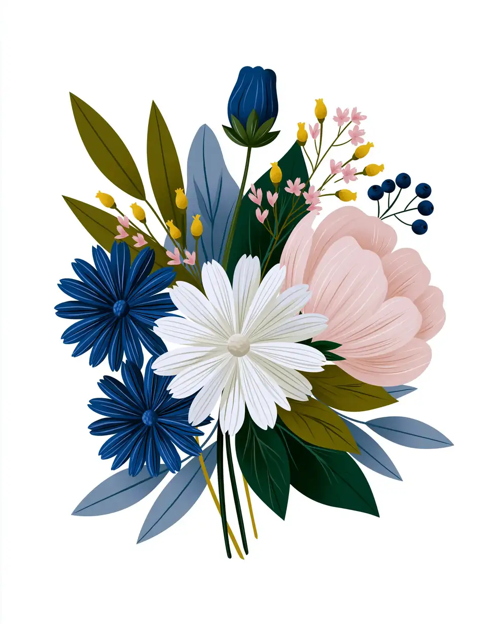 Digital illustration of floral bouquet featuring blue daisy and pink peony