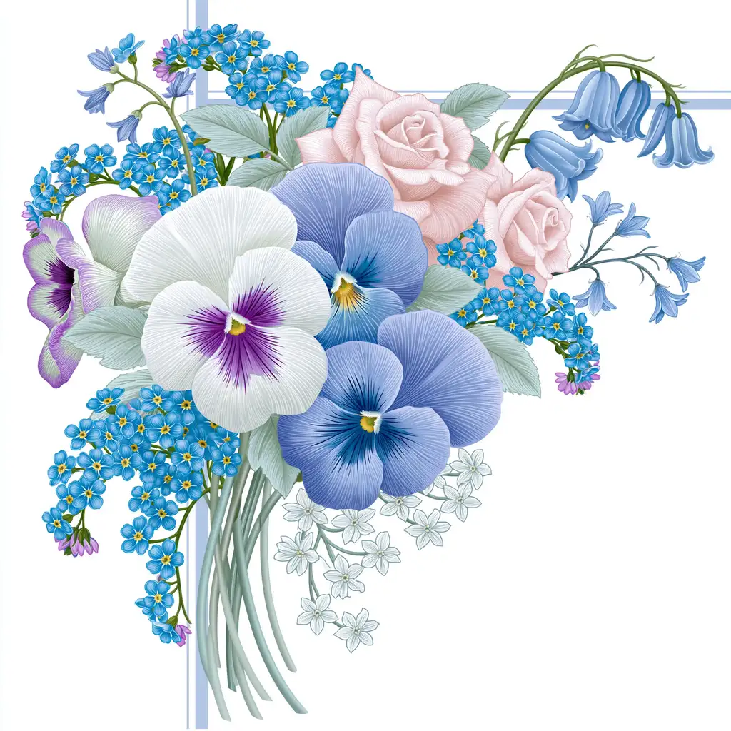 Floral bouquet illustration with roses pansies and bluebells