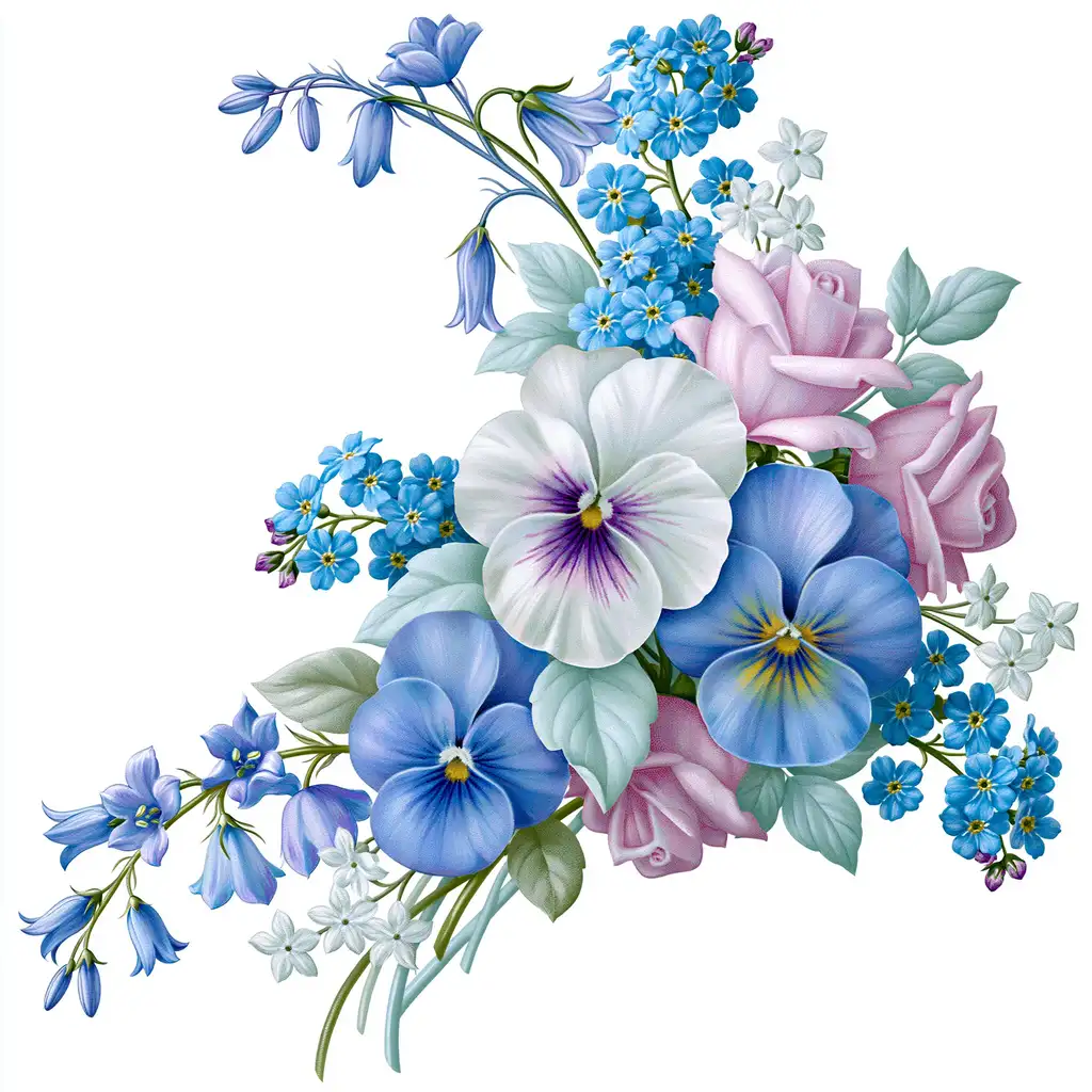 Floral bouquet illustration with roses pansies and bluebells
