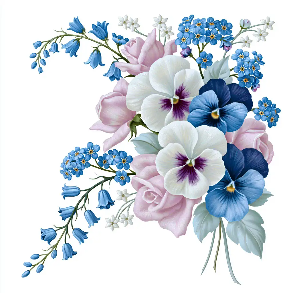 Floral bouquet illustration with roses pansies and bluebells