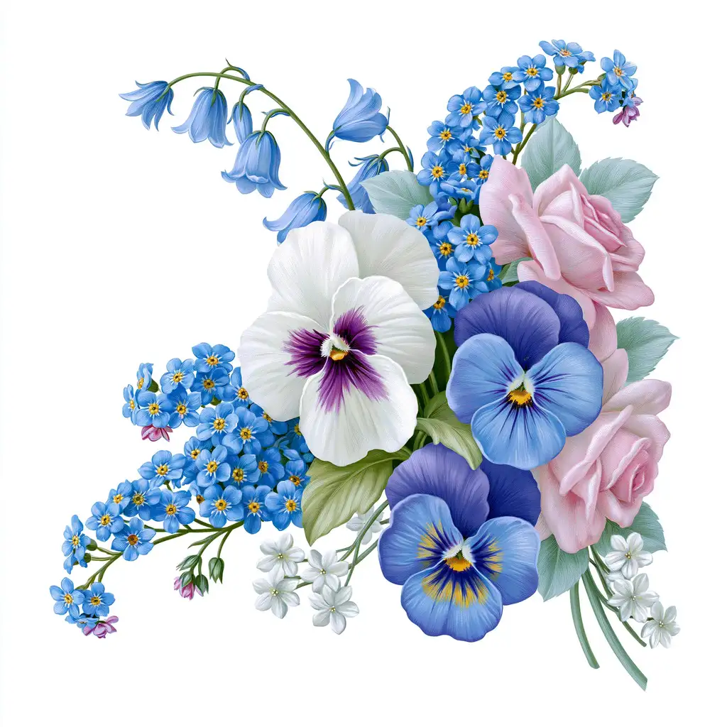 Floral bouquet illustration with roses pansies and bluebells