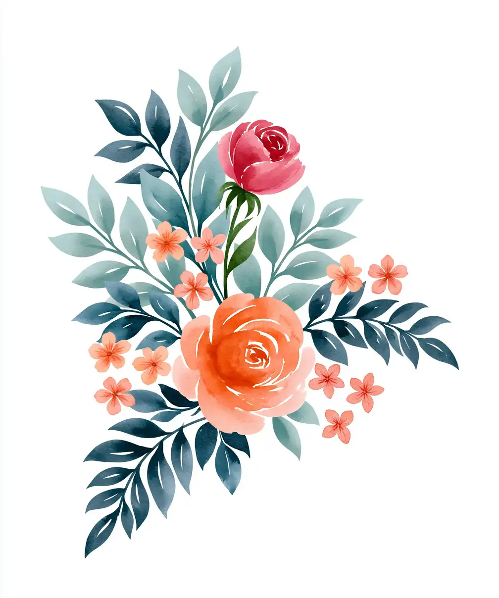 Watercolor floral arrangement with pink and orange roses and green leaves