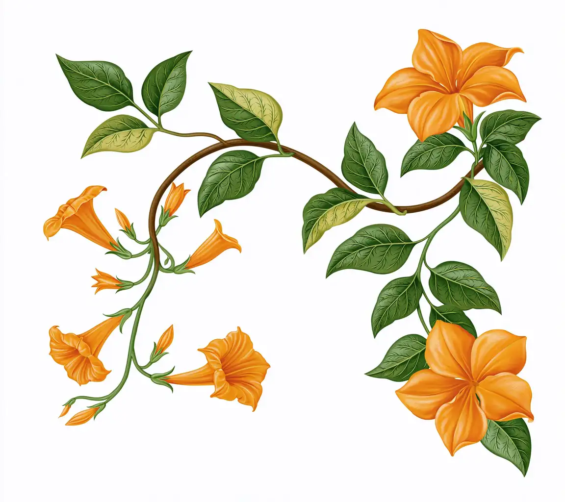 Orange Trumpet Flower Branch Illustration