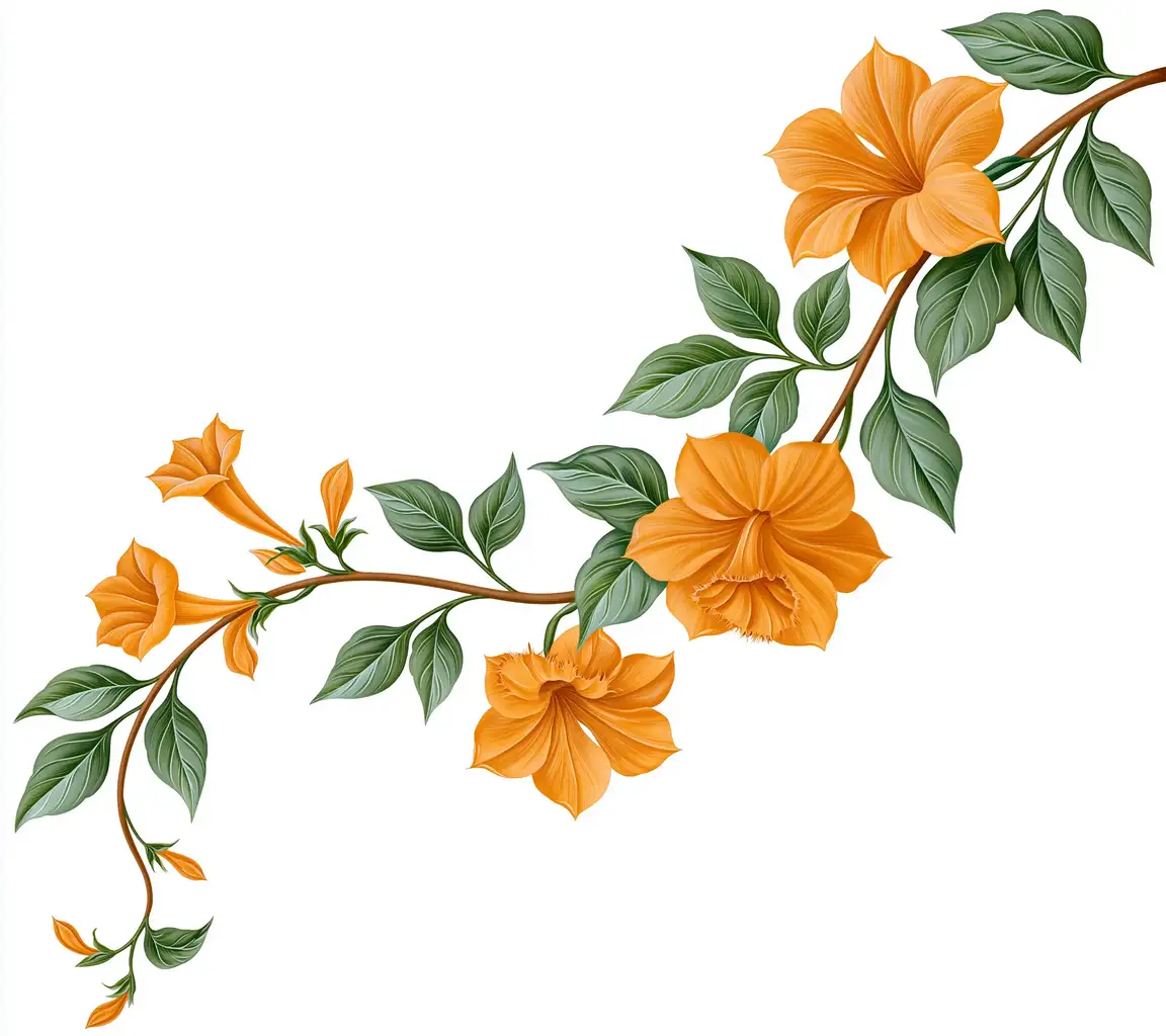 Orange Trumpet Flower Branch Illustration