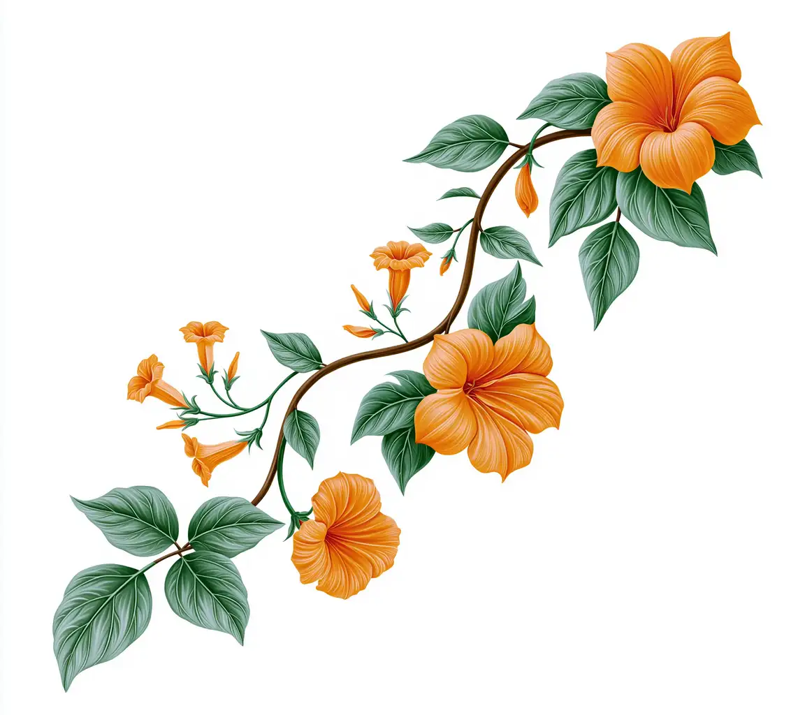 Orange Trumpet Flower Branch Illustration