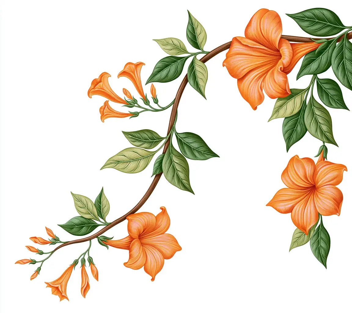 Orange Trumpet Flower Branch Illustration