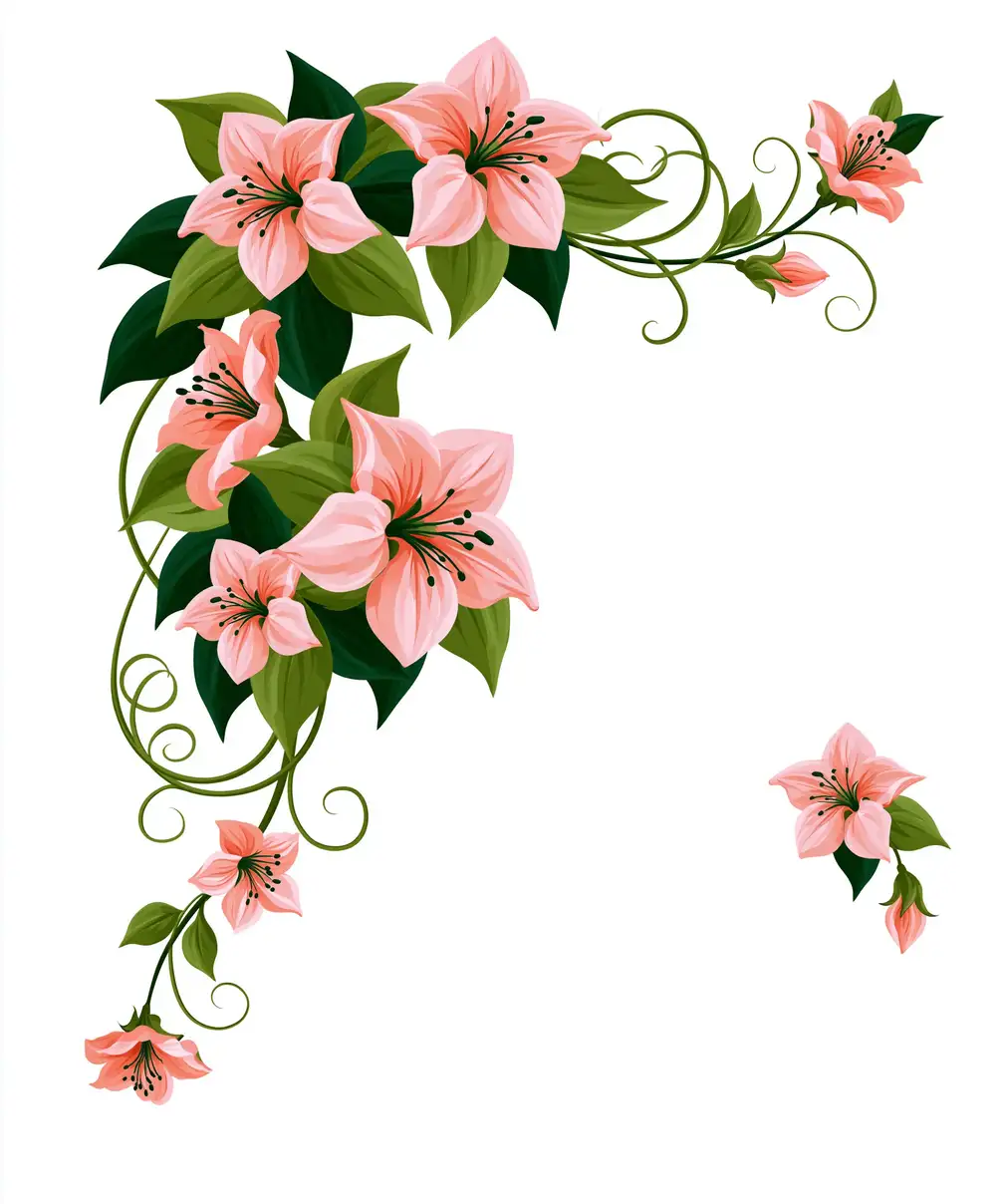 Floral Corner Illustration with Pink Blossoms and Green Leaves