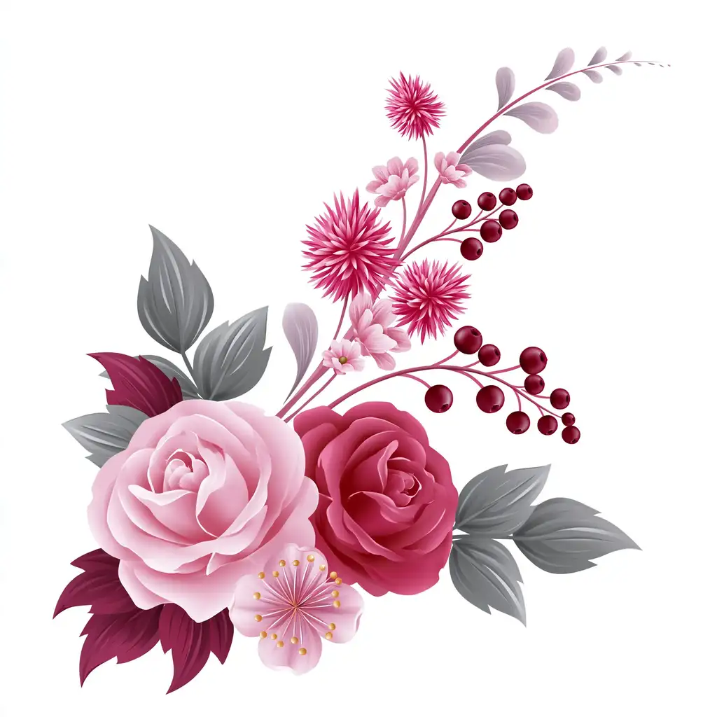 Floral arrangement with pink and red roses berries and leaves