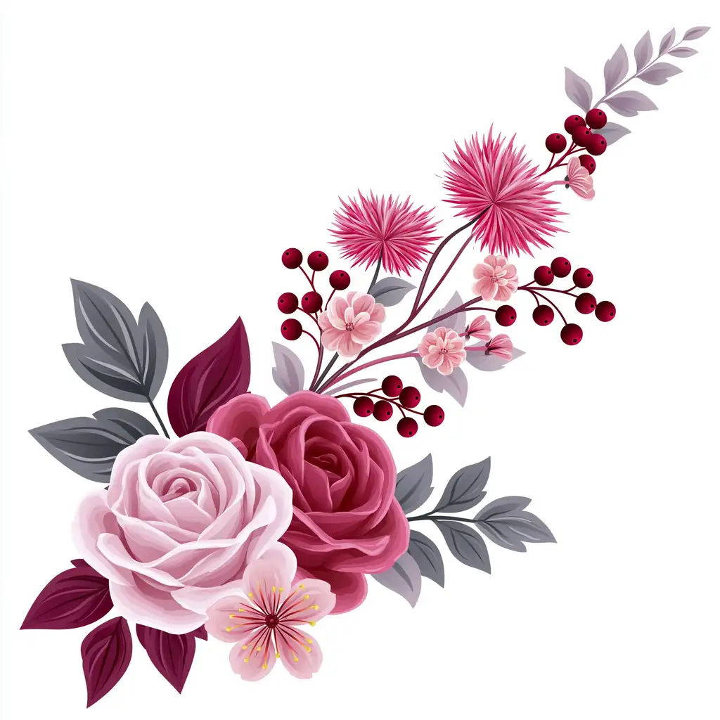 Floral arrangement with pink and red roses berries and leaves