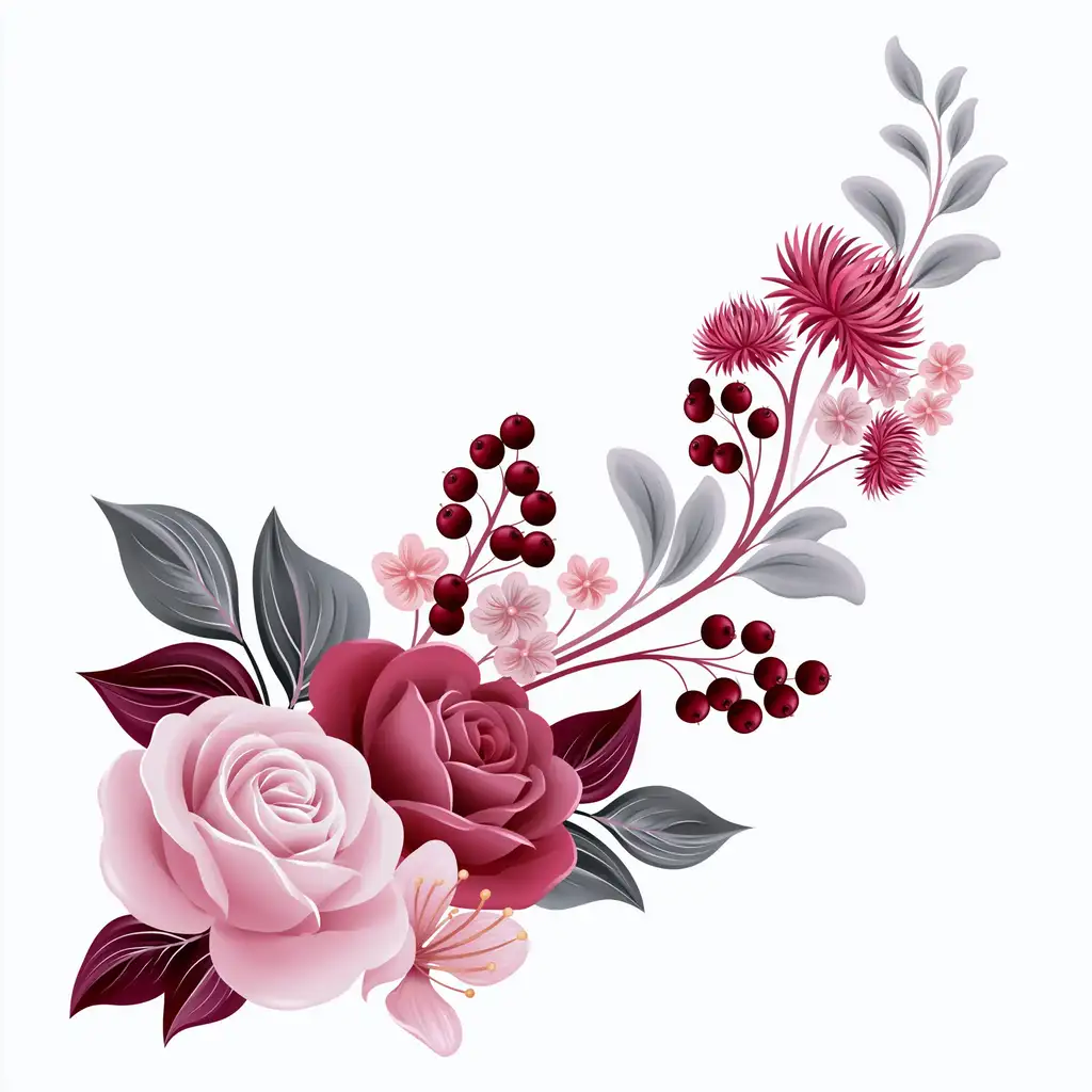 Floral arrangement with pink and red roses berries and leaves
