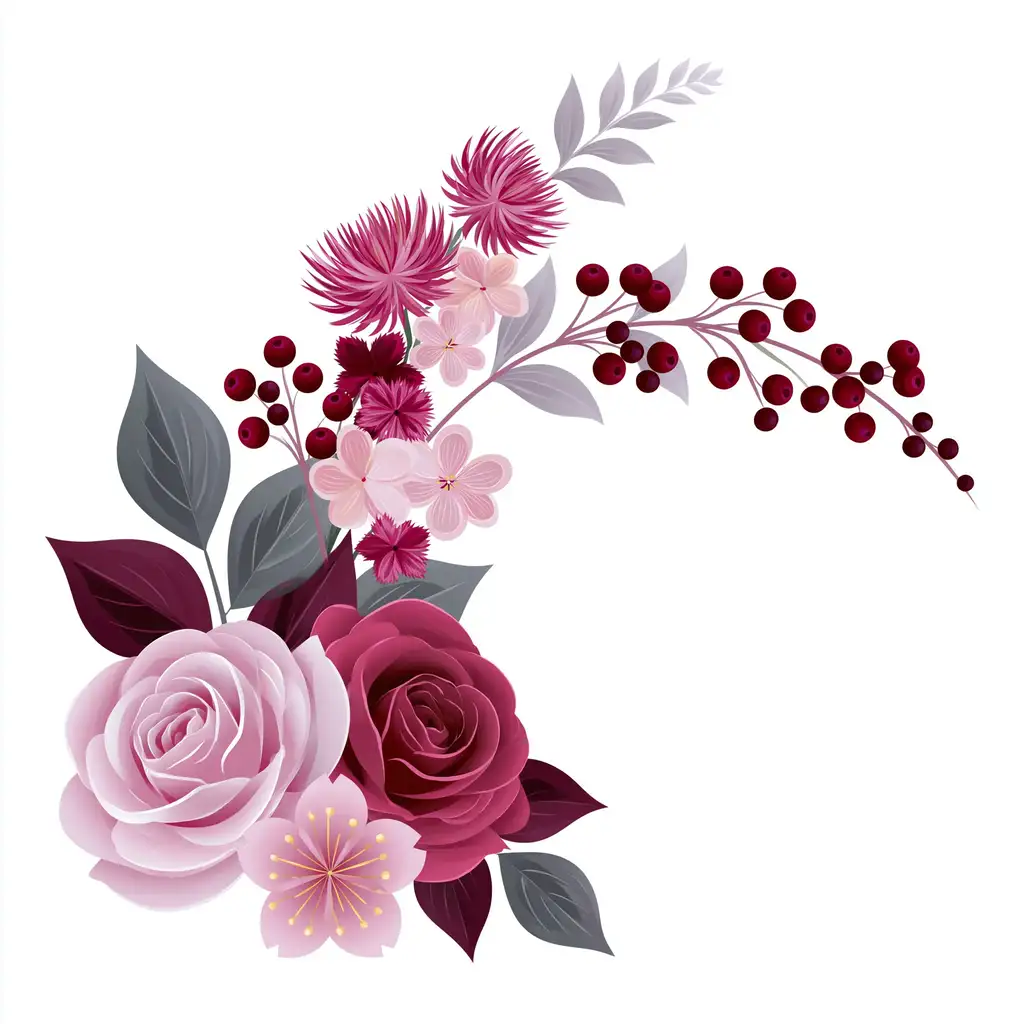 Floral arrangement with pink and red roses berries and leaves