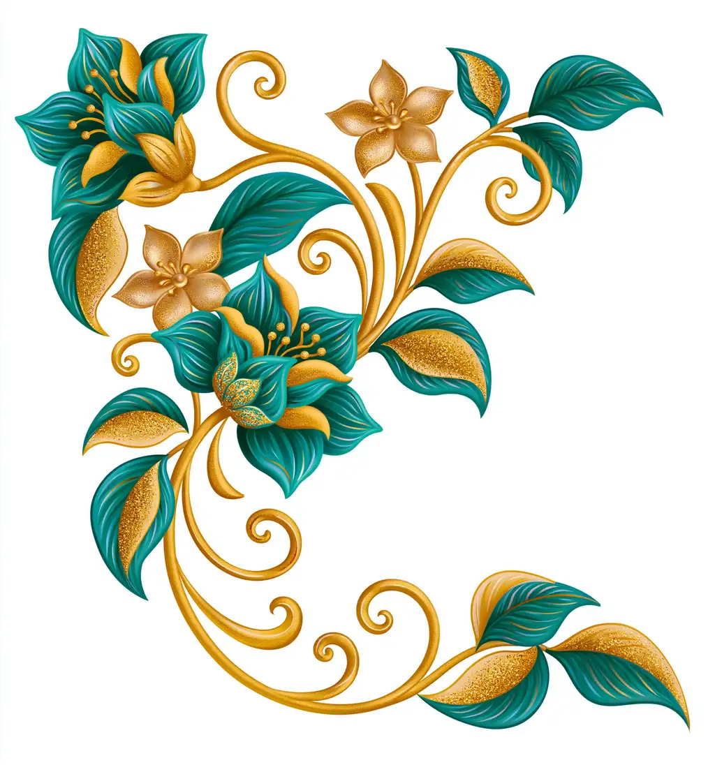 Turquoise And Gold Floral Arrangement With Swirls