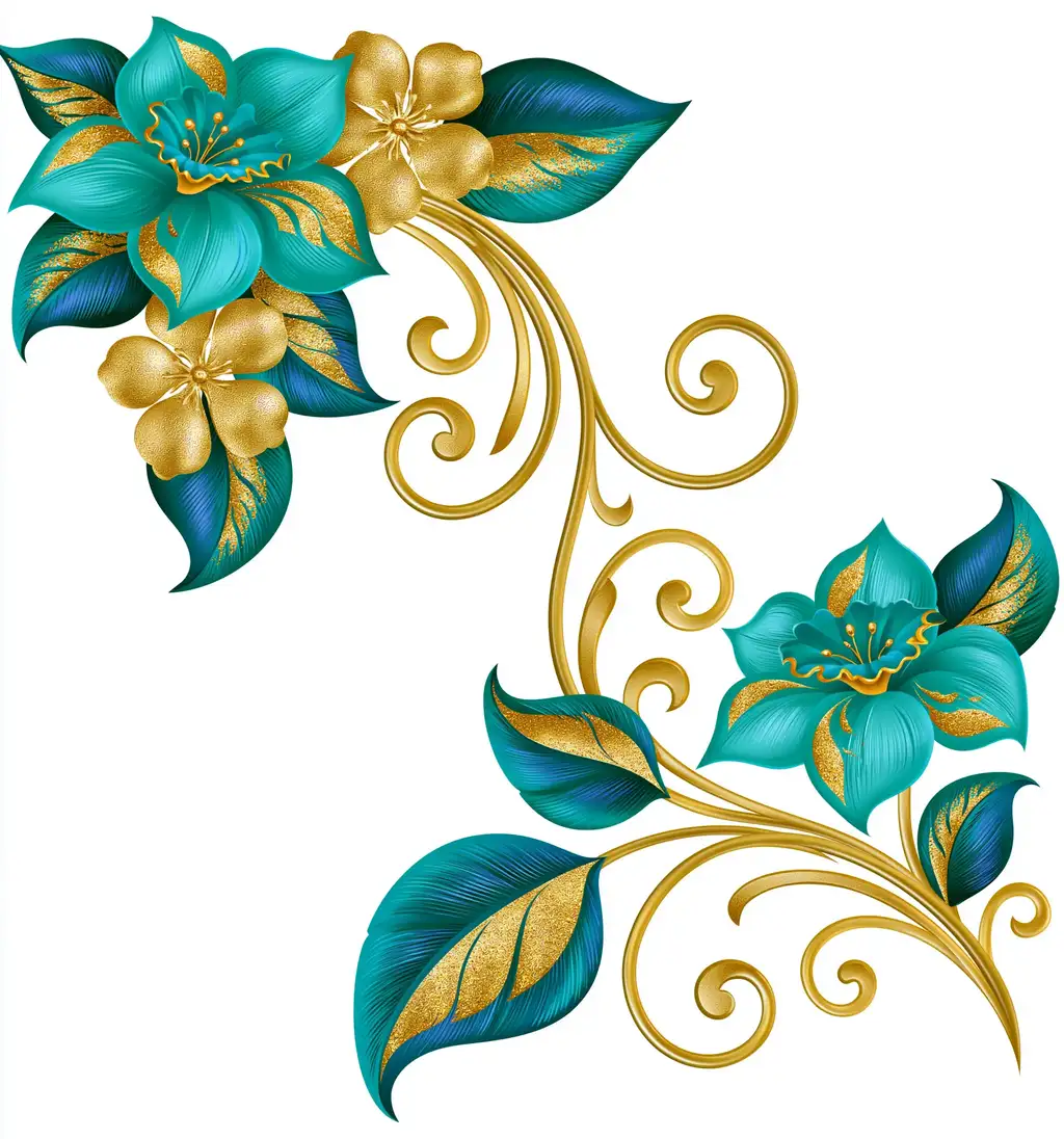 Turquoise And Gold Floral Arrangement With Swirls