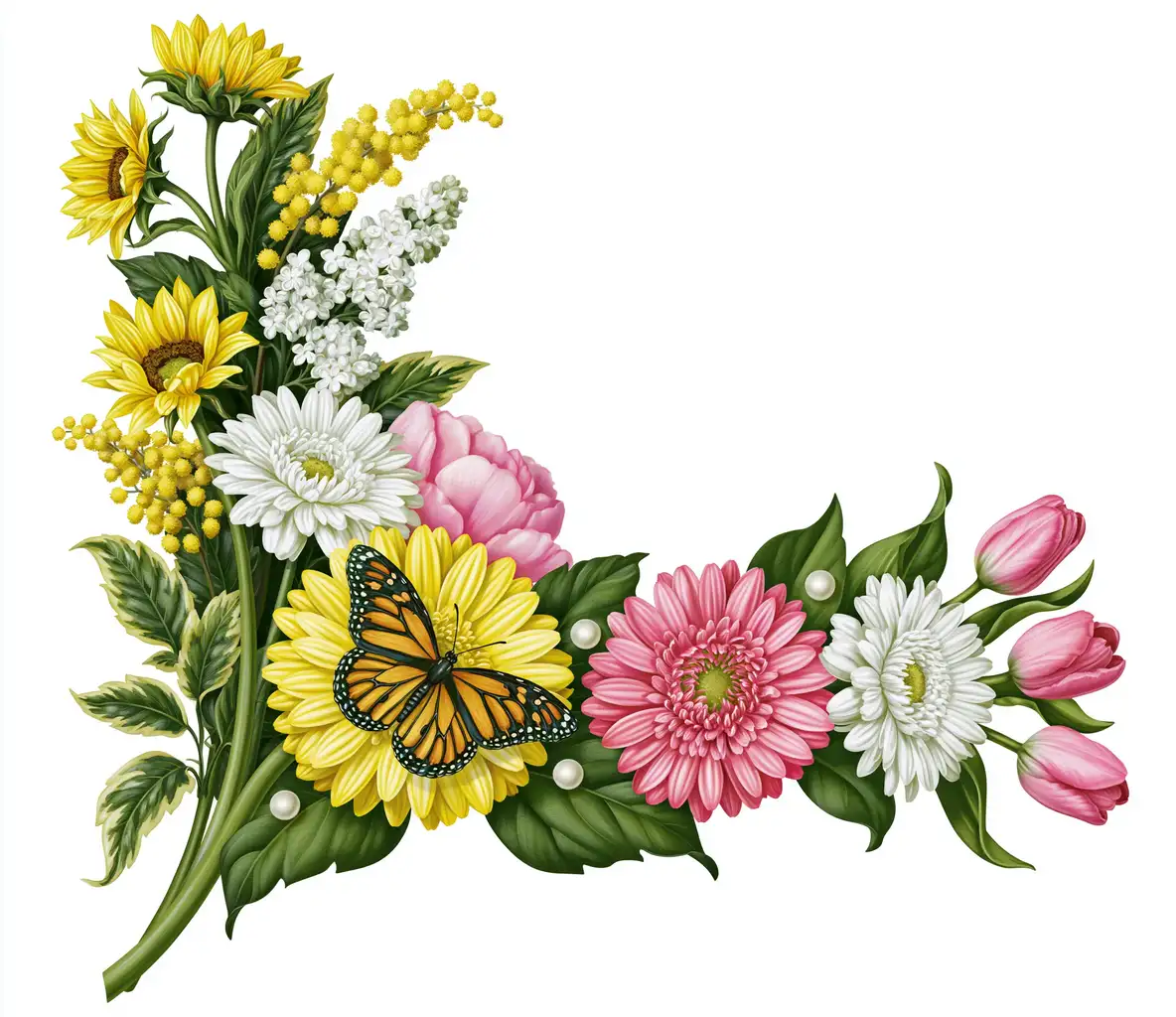 Floral Corner Arrangement with Monarch Butterfly and Spring Flowers
