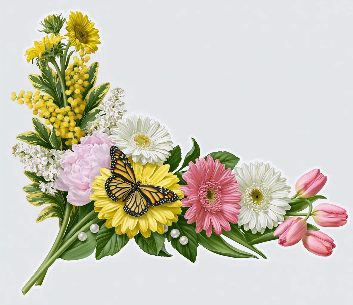 Floral Corner Arrangement with Monarch Butterfly and Spring Flowers