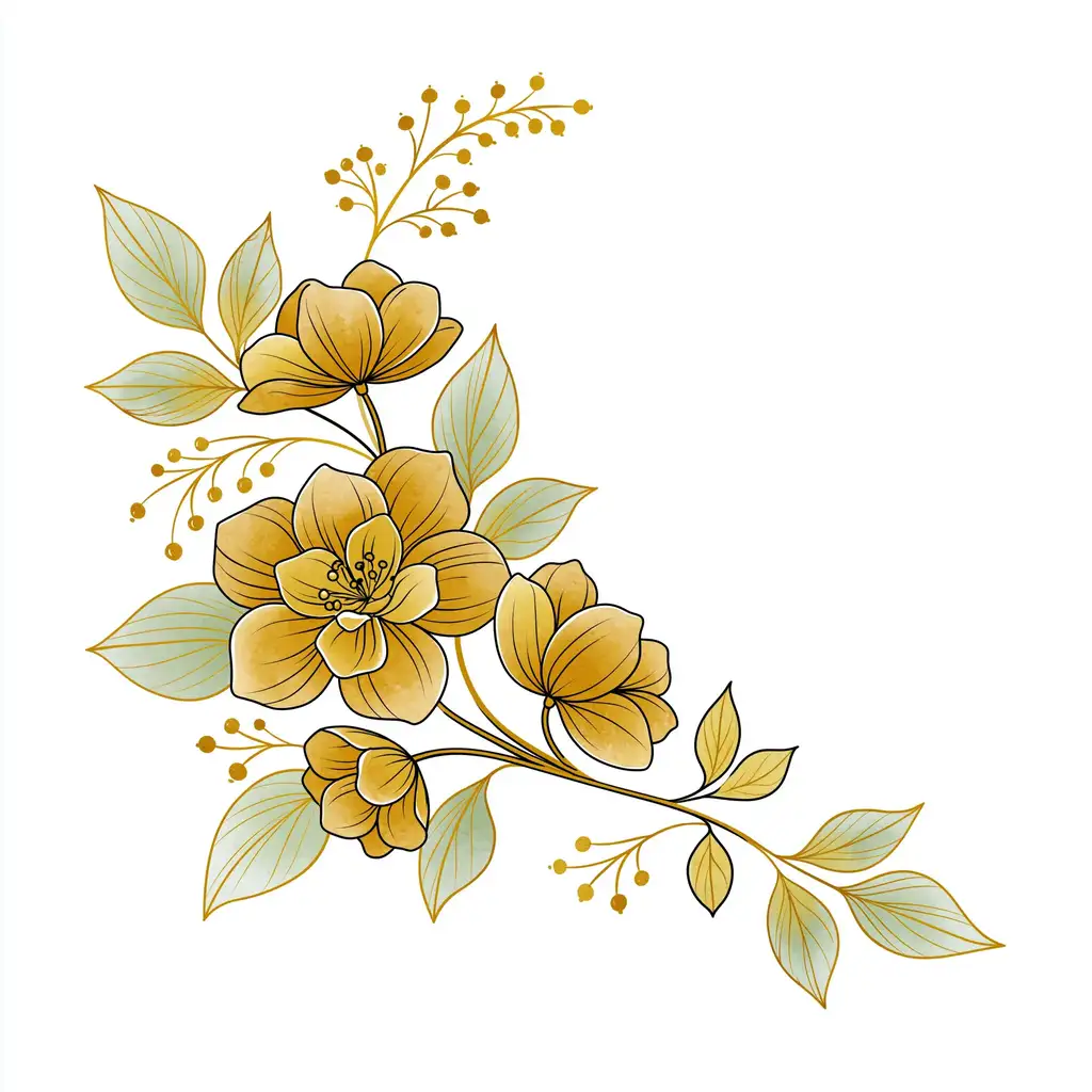 Floral compositions with gold flowers and leaves