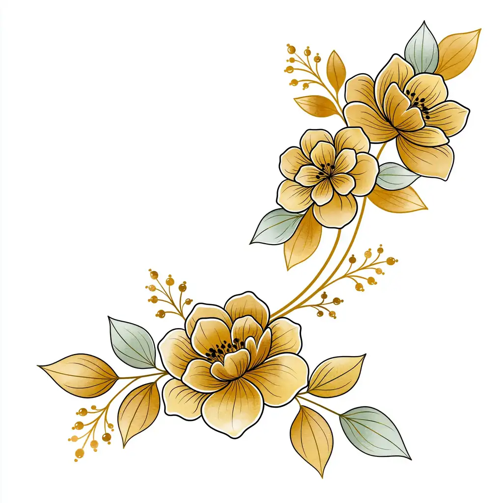 Floral compositions with gold flowers and leaves